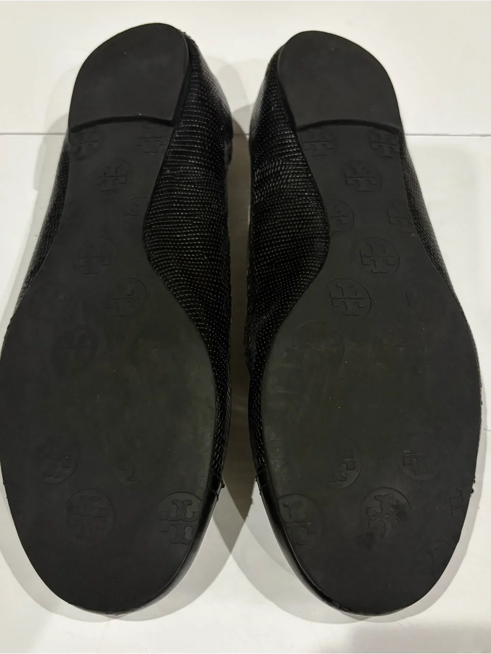 Tory Burch Black Leather Logo Cap-Toe Ballet Flats with Gold Emblem